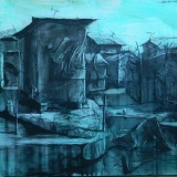 Charcoal painting, buldings , cities, acrylic, African Art